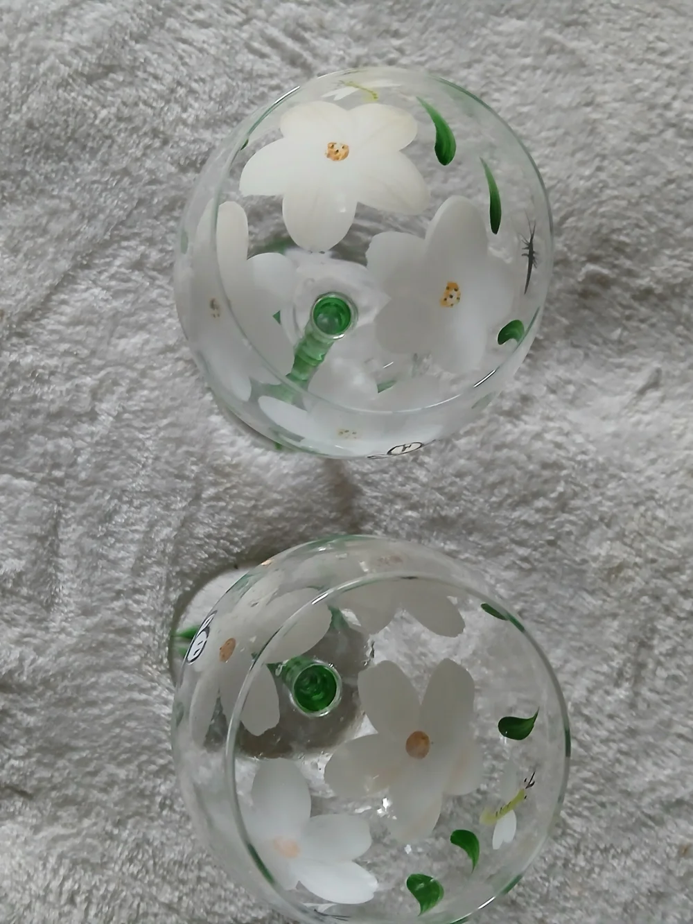 Hand-Painted Wine Glass Stemware - Green Striped Stems, Flowers, Bees, Dragonfly